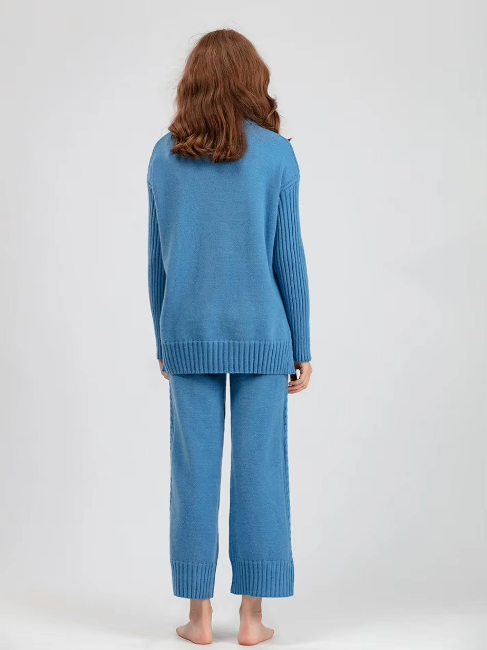 Victoria - Stylish High-neck Pullover Knit Sweater with Loose Pants Set