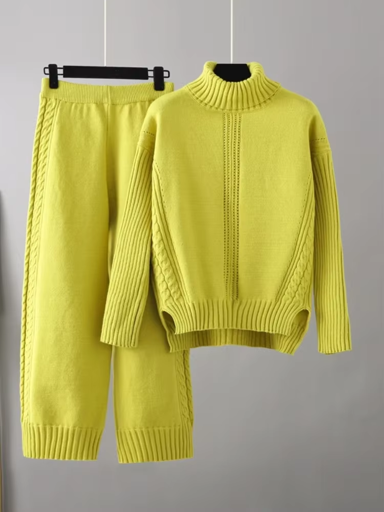 Victoria - Stylish High-neck Pullover Knit Sweater with Loose Pants Set