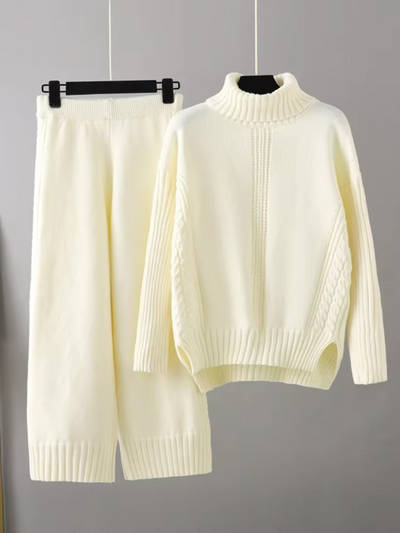 Victoria - Stylish High-neck Pullover Knit Sweater with Loose Pants Set