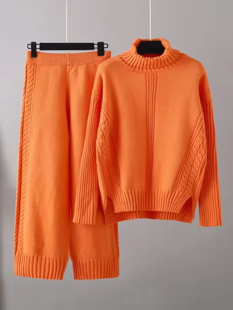 Victoria - Stylish High-neck Pullover Knit Sweater with Loose Pants Set