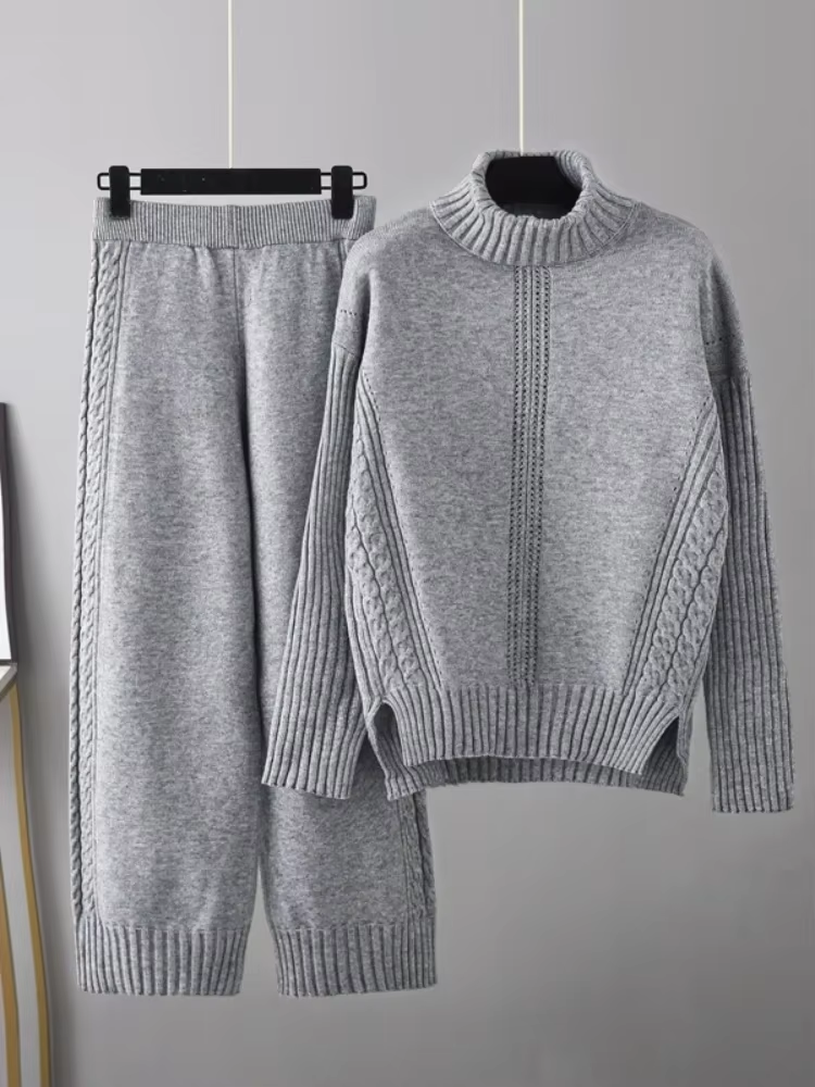 Victoria - Stylish High-neck Pullover Knit Sweater with Loose Pants Set