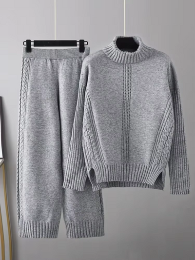 Victoria - Stylish High-neck Pullover Knit Sweater with Loose Pants Set