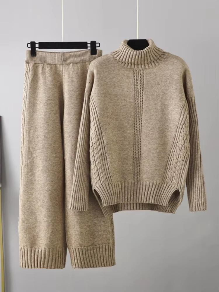 Victoria - Stylish High-neck Pullover Knit Sweater with Loose Pants Set
