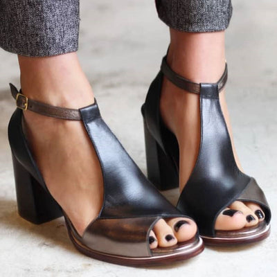 Anyao™ Elegant Black Patchwork Heeled Sandals with Open Toe – Perfect for Any Occasion