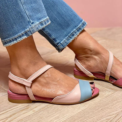 Ellela™ - Elegant asymmetrical pink sandals with color block details