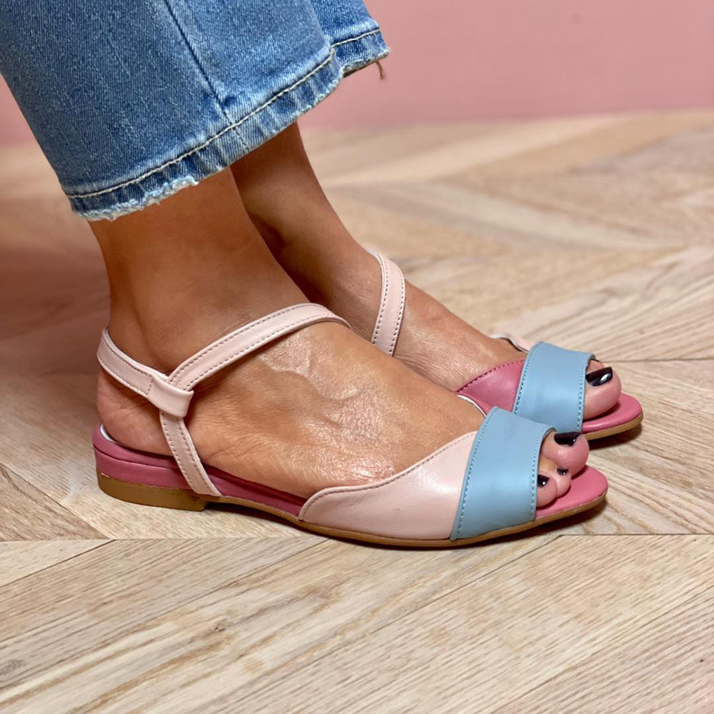 Ellela™ - Elegant asymmetrical pink sandals with color block details