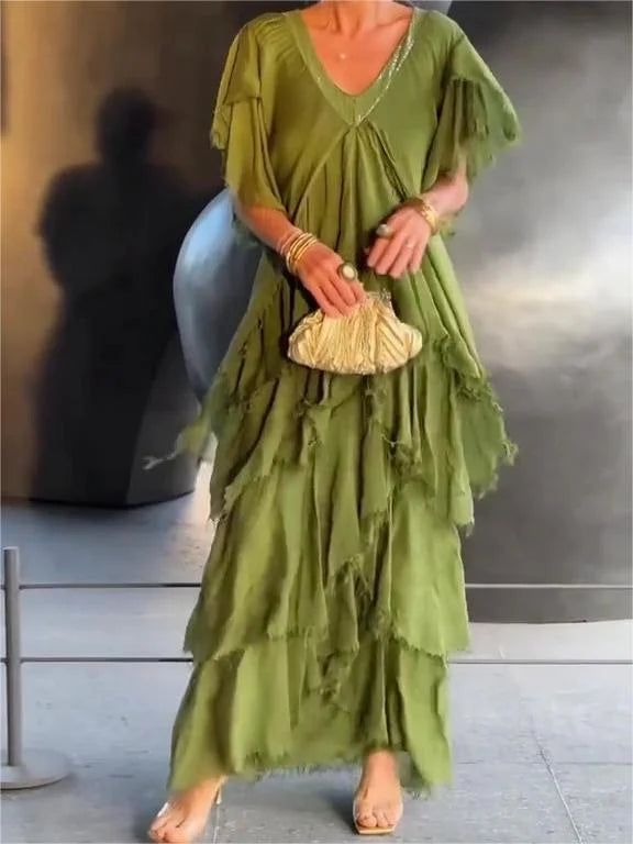 Zinnia - Ruffled Short Sleeves V-Neck Maxi Dress