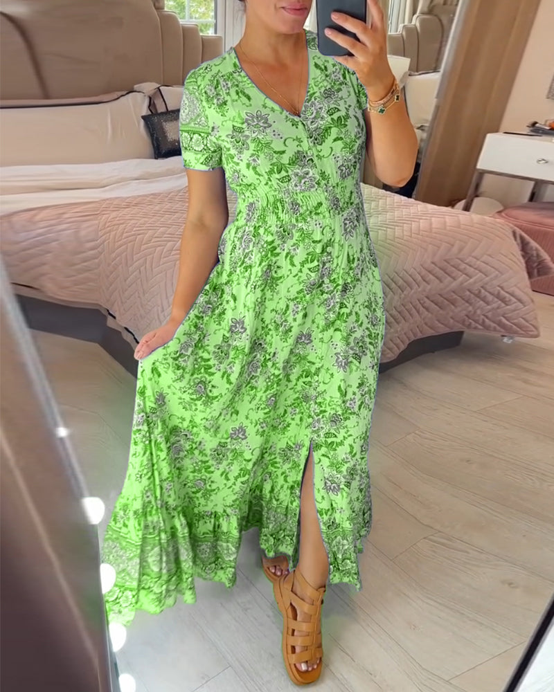 Aspen - Elegant Floral V-Neck Pleated Hem Dress