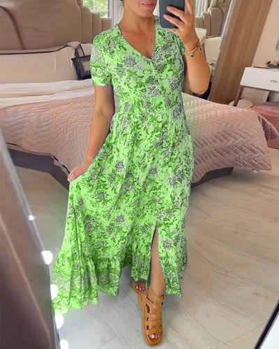 Aspen - Elegant Floral V-Neck Pleated Hem Dress