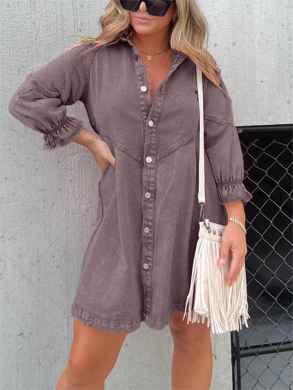 Colette - Chic Turn-Down Collar Denim Midi Dress