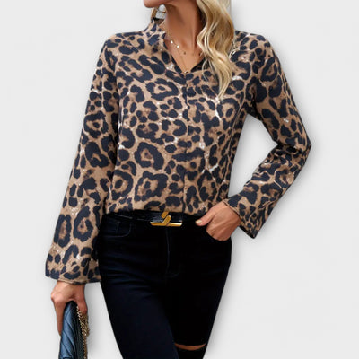 Cara - Casual Leopard Print Blouse with Noted Neckline