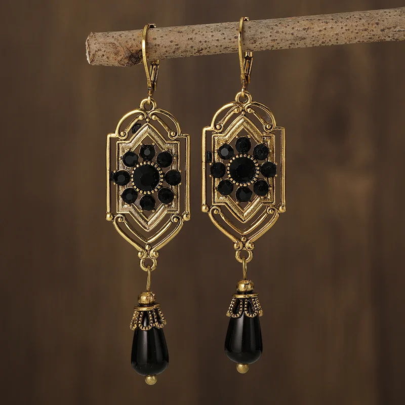Vintage Earrings with Black Crystal Pendants