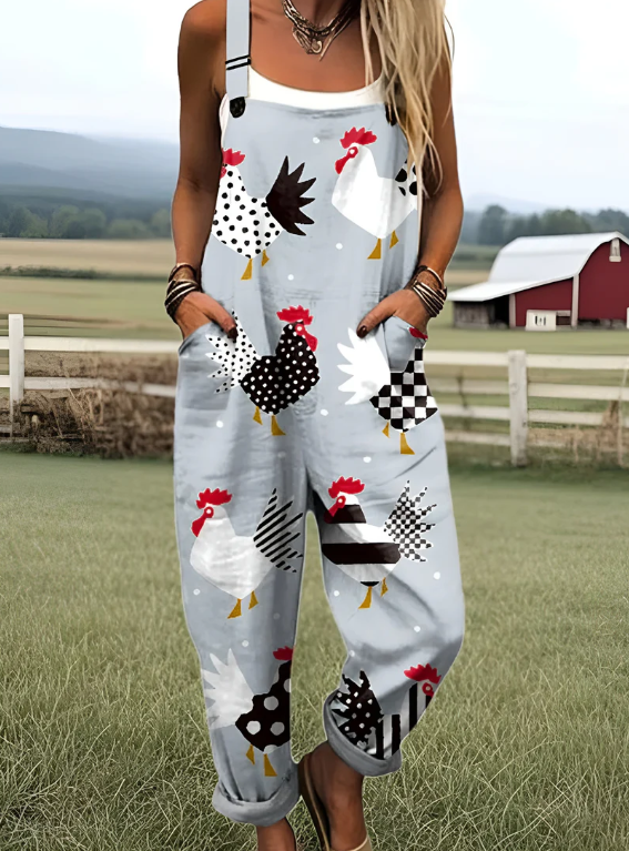 Carla - Women's geometric chicken art print jumpsuit