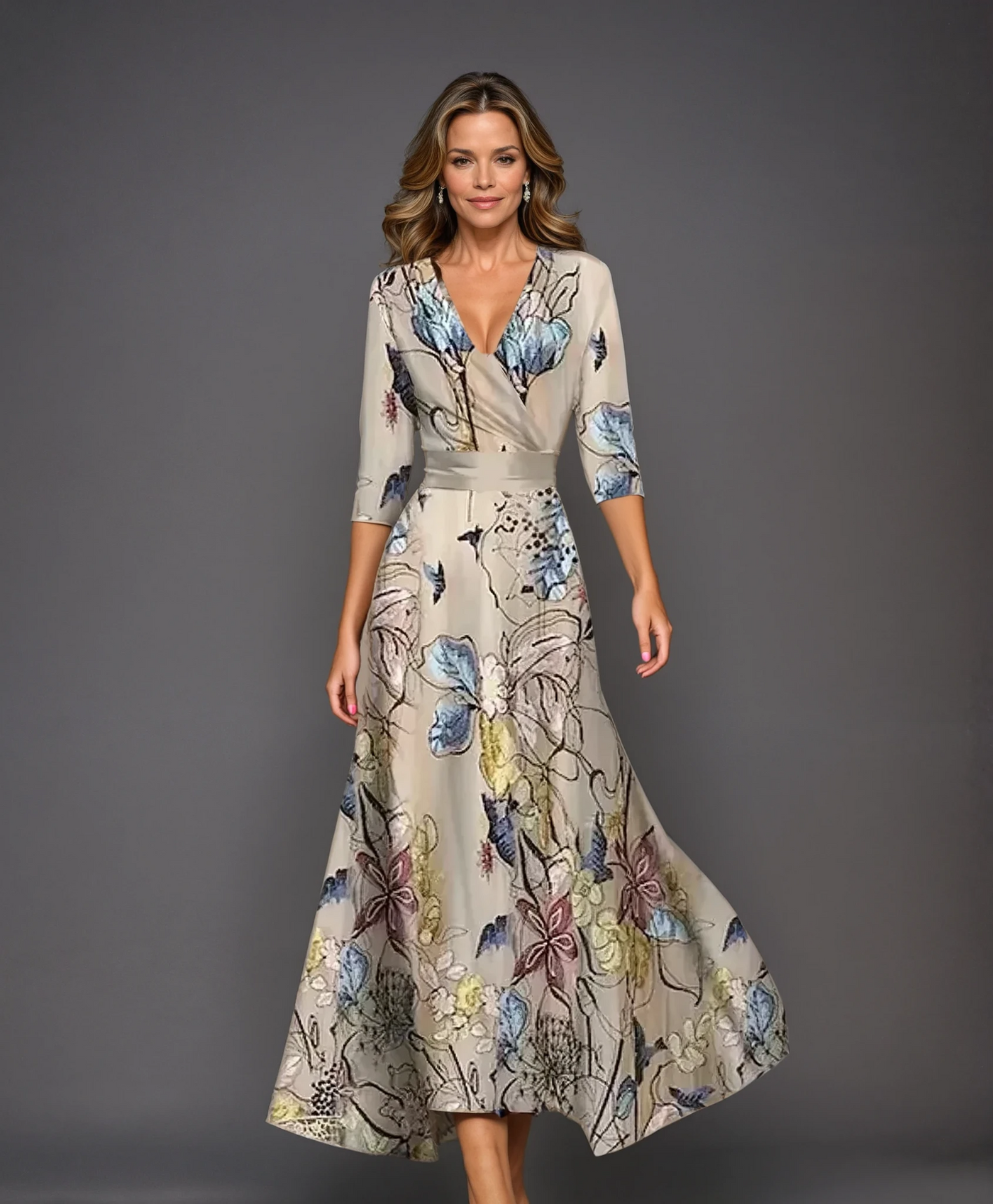 Deborah - Printed High Waist Midi Dress with Mid Sleeves