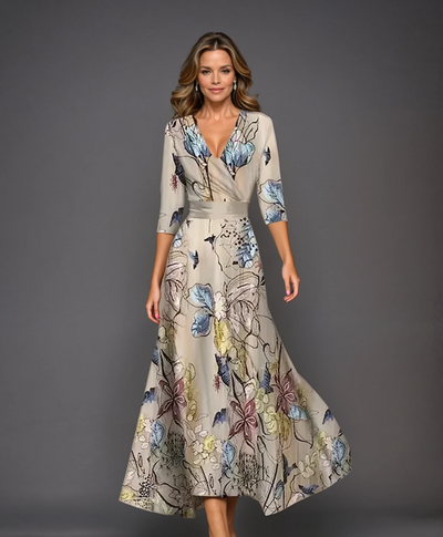 Deborah - Printed High Waist Midi Dress with Mid Sleeves