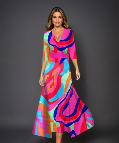Deborah - Printed High Waist Midi Dress with Mid Sleeves