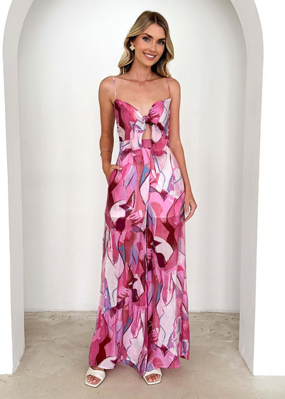 Mackenzie - Chic Printed Suspender Strap Long Dress