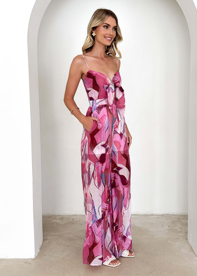 Mackenzie - Chic Printed Suspender Strap Long Dress