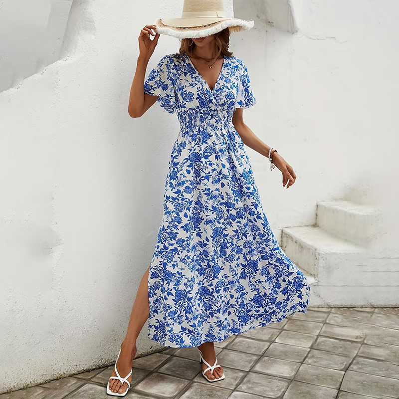 Thea - Bohemian V-Neck Blue Beach Dress