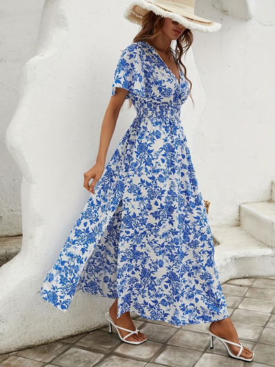 Thea - Bohemian V-Neck Blue Beach Dress