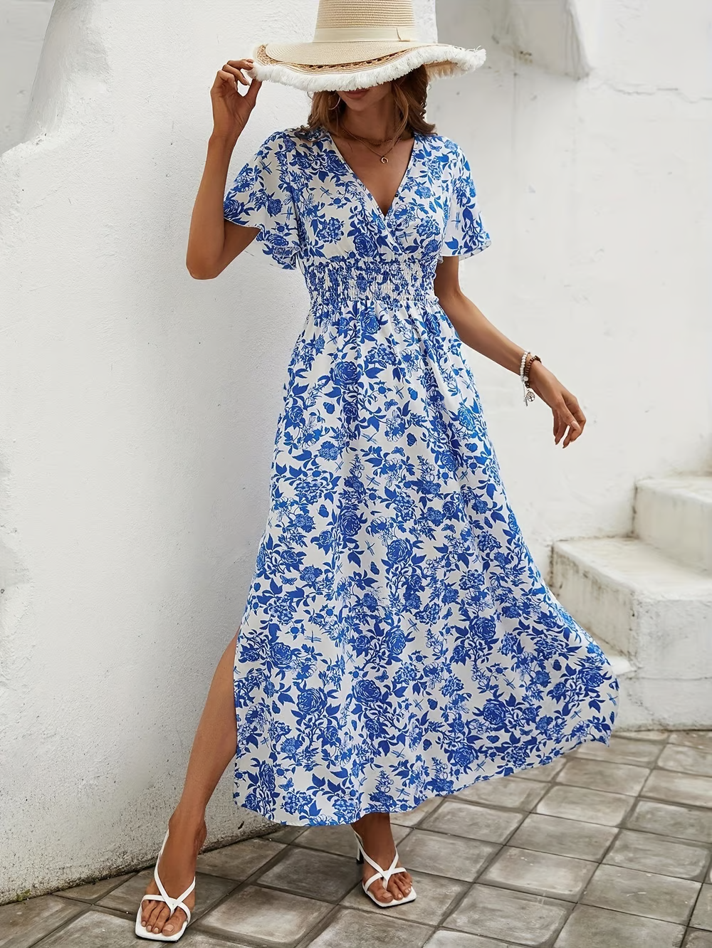 Thea - Bohemian V-Neck Blue Beach Dress