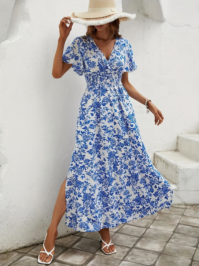 Thea - Bohemian V-Neck Blue Beach Dress