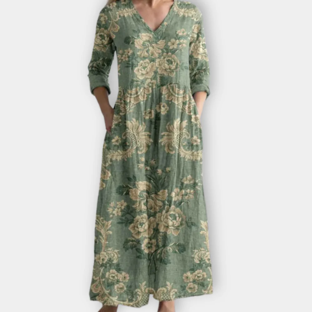 Lovely - Elegant V-Neck Floral Cotton Dress