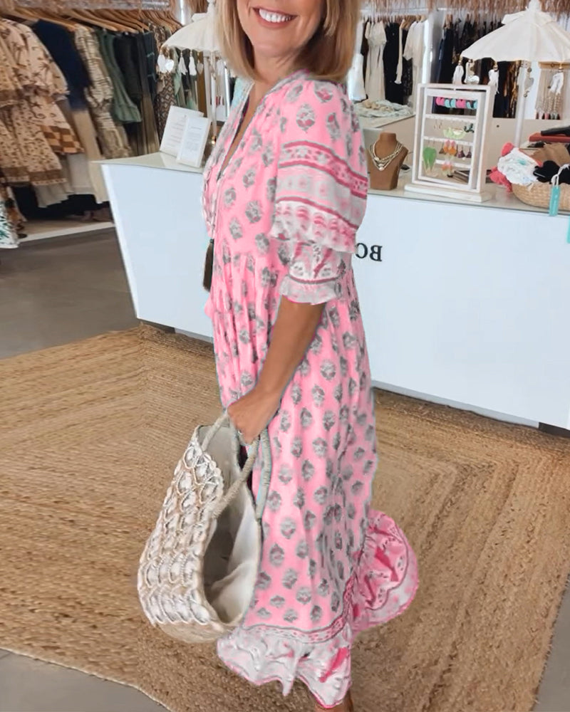Greta - Relaxed Long Lantern Sleeves Boho Maxi Dress