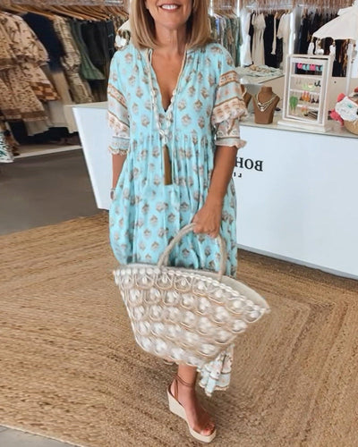 Greta - Relaxed Long Lantern Sleeves Boho Maxi Dress