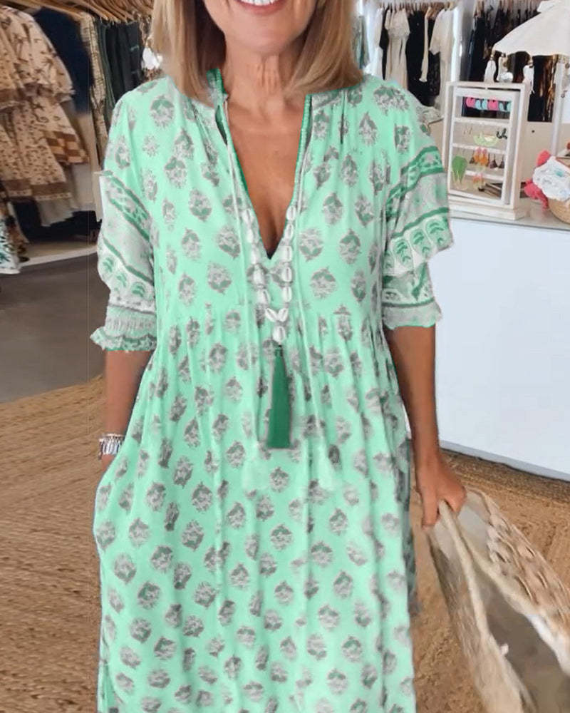 Greta - Relaxed Long Lantern Sleeves Boho Maxi Dress