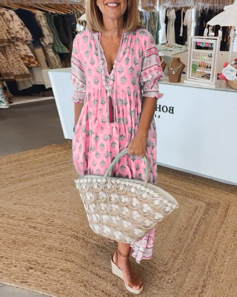 Greta - Relaxed Long Lantern Sleeves Boho Maxi Dress