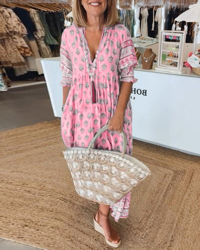 Greta - Relaxed Long Lantern Sleeves Boho Maxi Dress