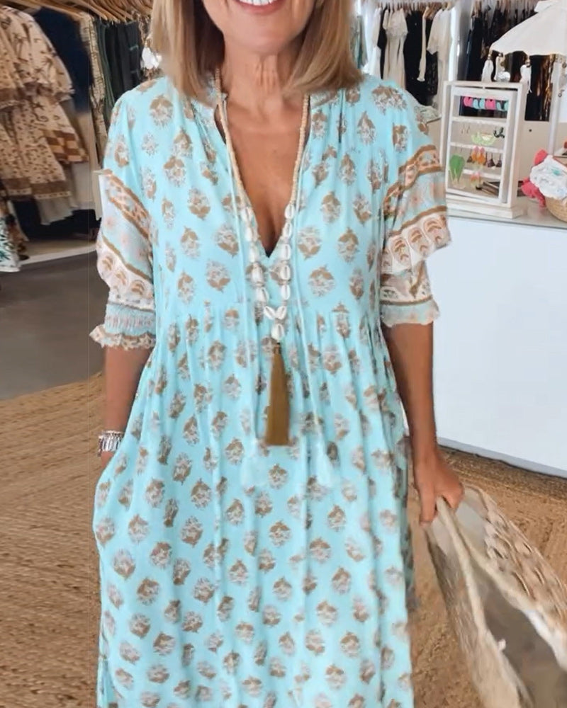 Greta - Relaxed Long Lantern Sleeves Boho Maxi Dress