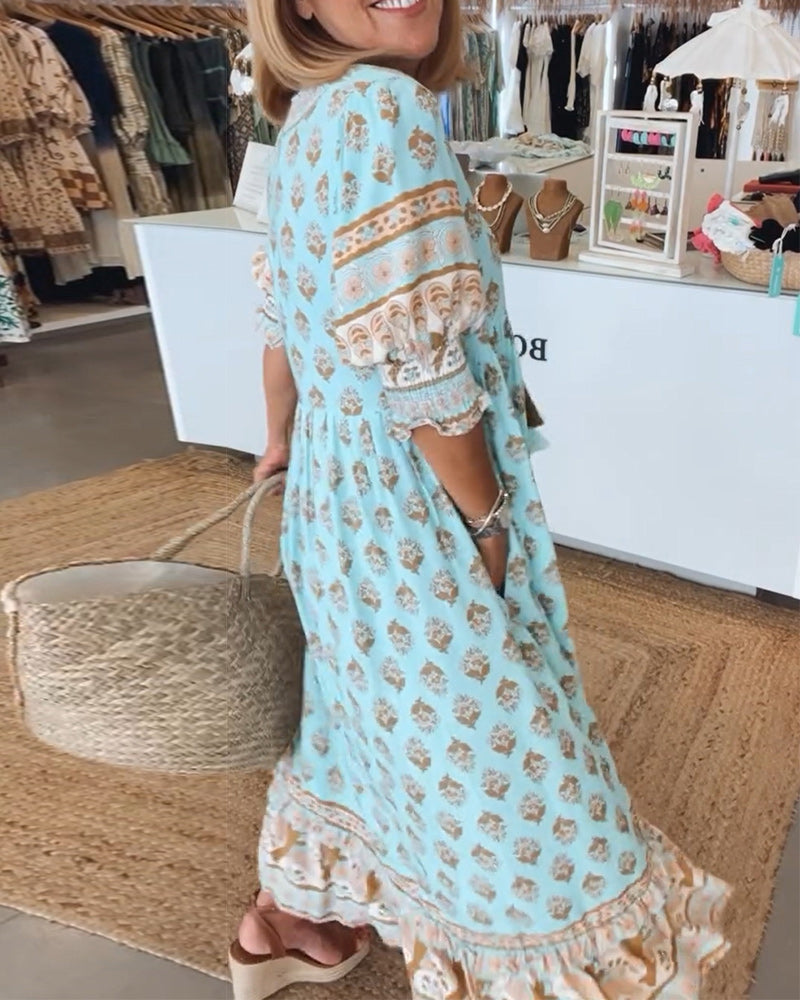 Greta - Relaxed Long Lantern Sleeves Boho Maxi Dress