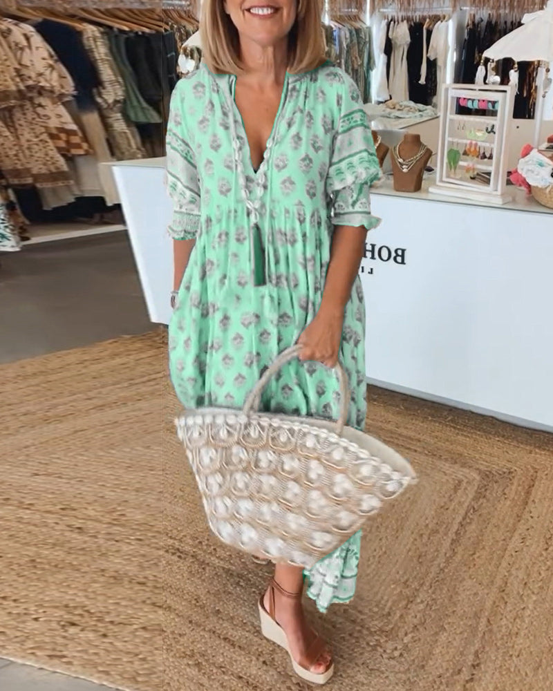 Greta - Relaxed Long Lantern Sleeves Boho Maxi Dress