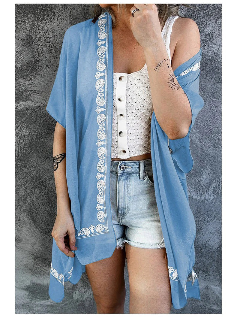Women’s Kimono Cardigan – Relaxed Fit – Embroidered Trim – Lightweight Breathable Layer