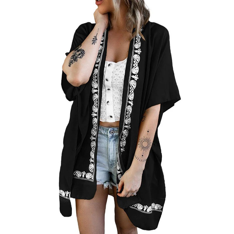 Women’s Kimono Cardigan – Relaxed Fit – Embroidered Trim – Lightweight Breathable Layer