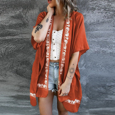 Women’s Kimono Cardigan – Relaxed Fit – Embroidered Trim – Lightweight Breathable Layer