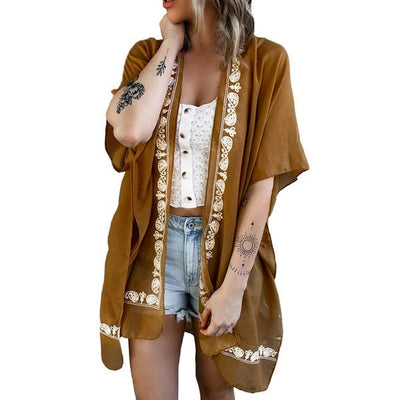 Women’s Kimono Cardigan – Relaxed Fit – Embroidered Trim – Lightweight Breathable Layer