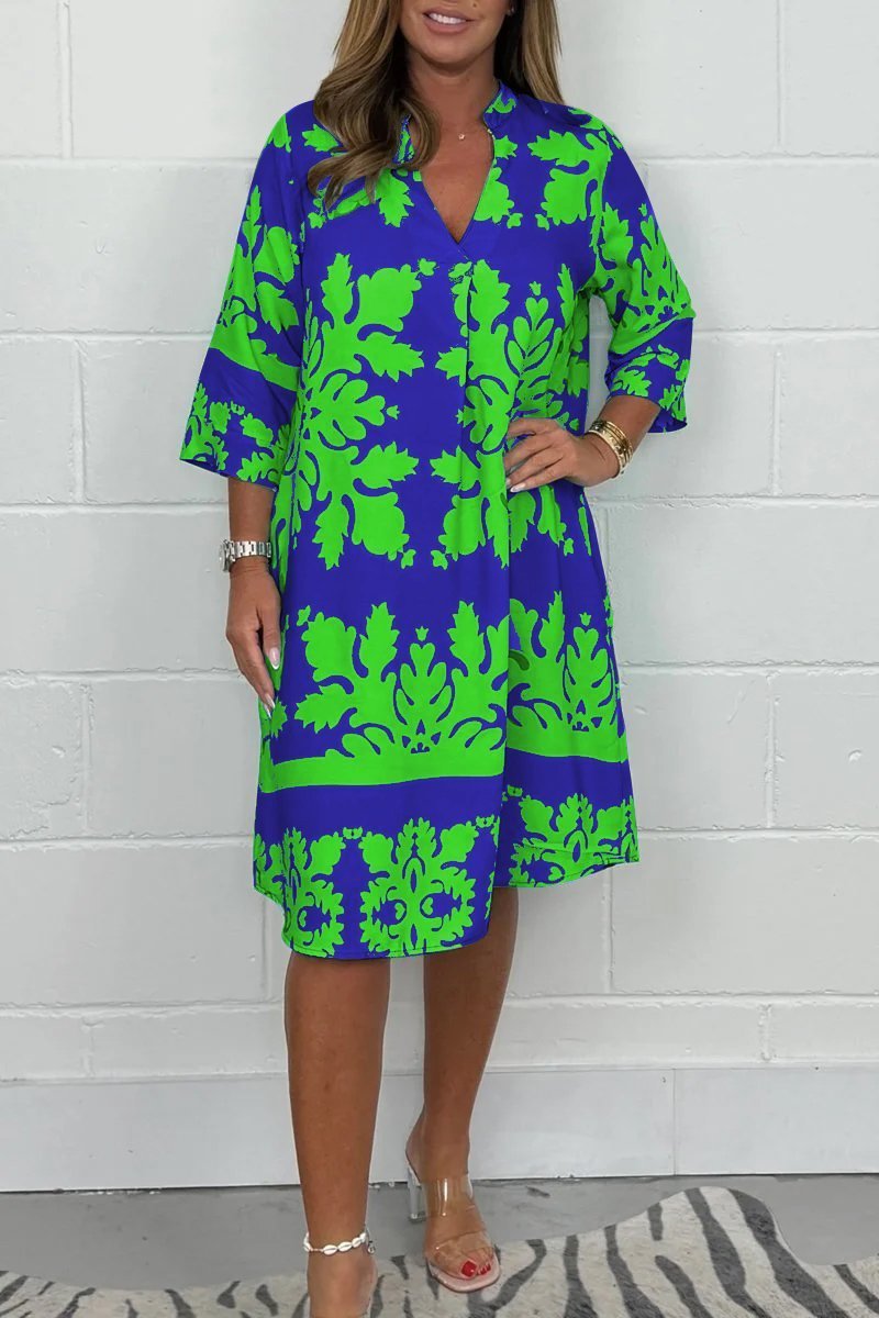 Tenley - Bohemian Retro Print V-neck Cropped Sleeves Dress
