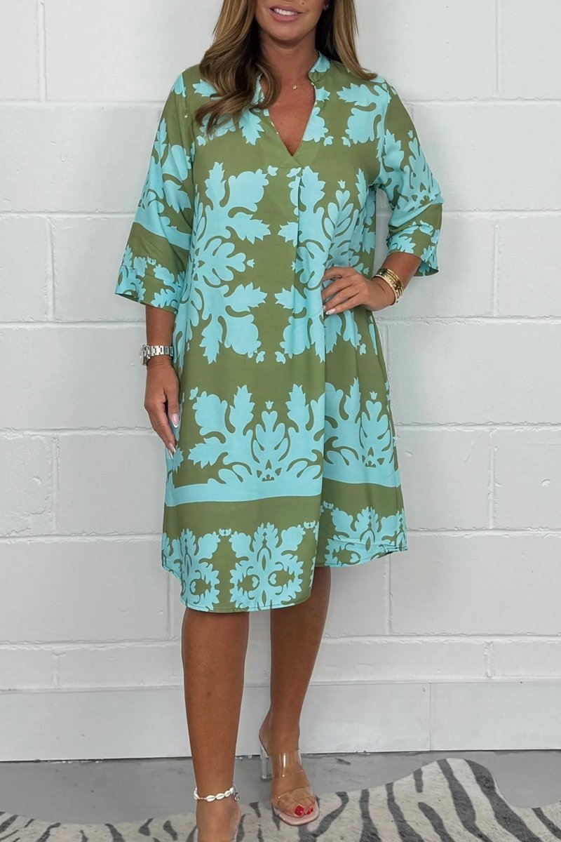 Tenley - Bohemian Retro Print V-neck Cropped Sleeves Dress
