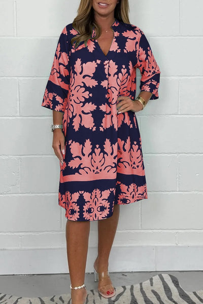 Tenley - Bohemian Retro Print V-neck Cropped Sleeves Dress