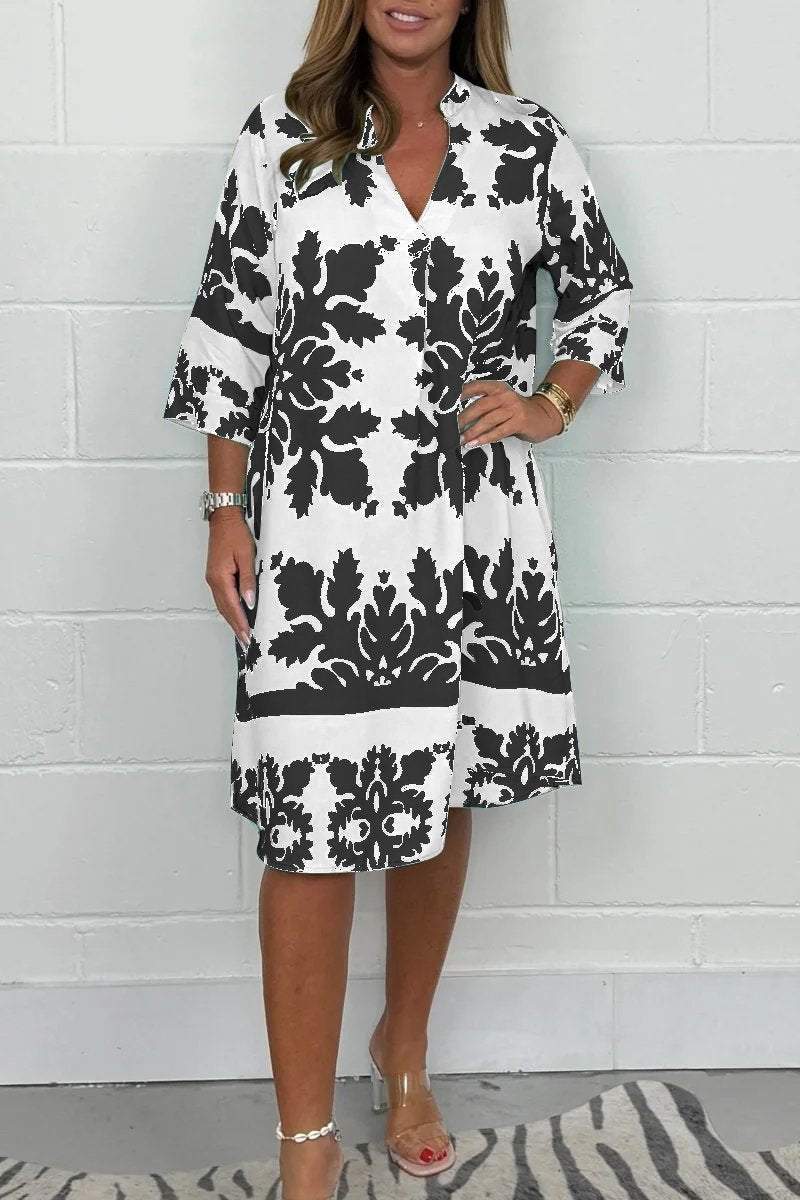 Tenley - Bohemian Retro Print V-neck Cropped Sleeves Dress