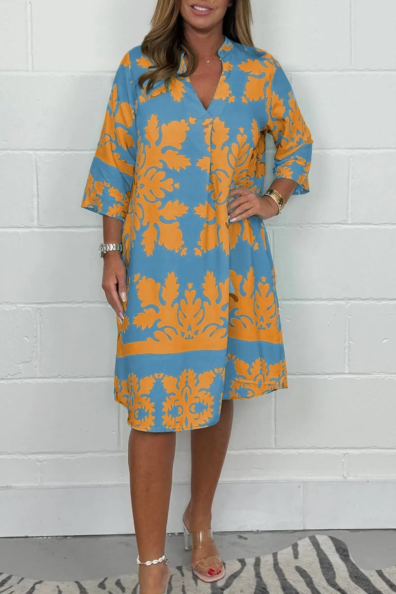 Tenley - Bohemian Retro Print V-neck Cropped Sleeves Dress