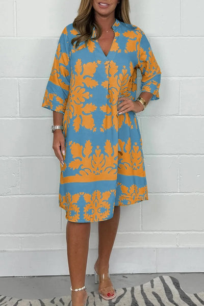 Tenley - Bohemian Retro Print V-neck Cropped Sleeves Dress