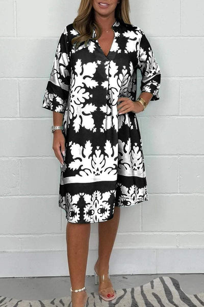 Tenley - Bohemian Retro Print V-neck Cropped Sleeves Dress