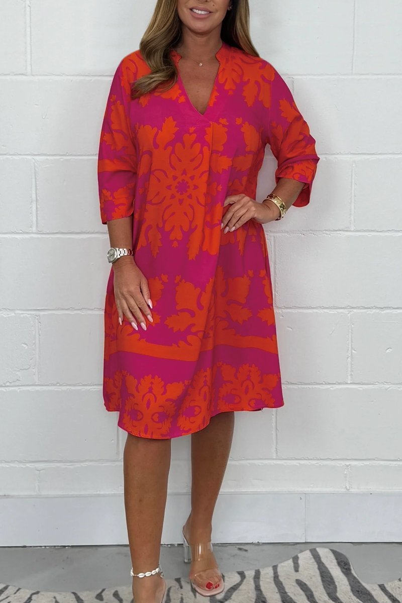 Tenley - Bohemian Retro Print V-neck Cropped Sleeves Dress