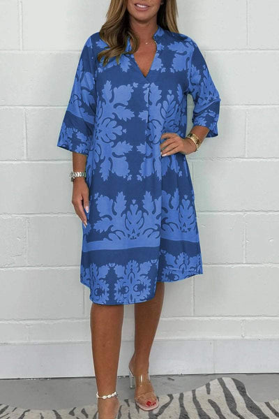 Tenley - Bohemian Retro Print V-neck Cropped Sleeves Dress
