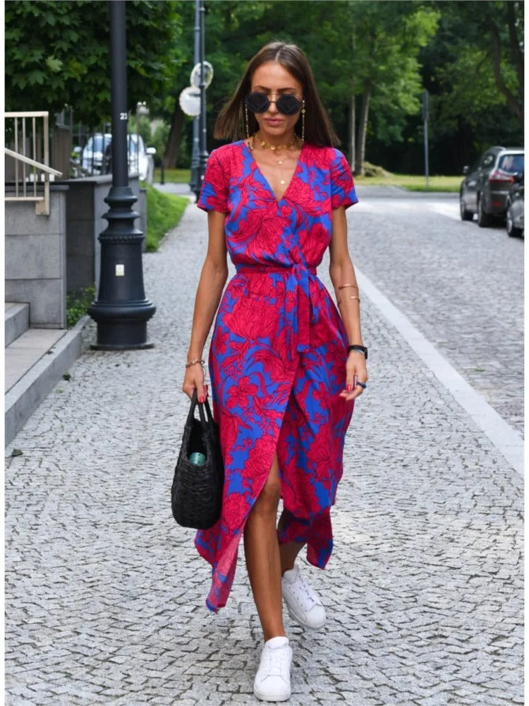 Jane - Sunset Stroll V-Neck Slit Print Dress
