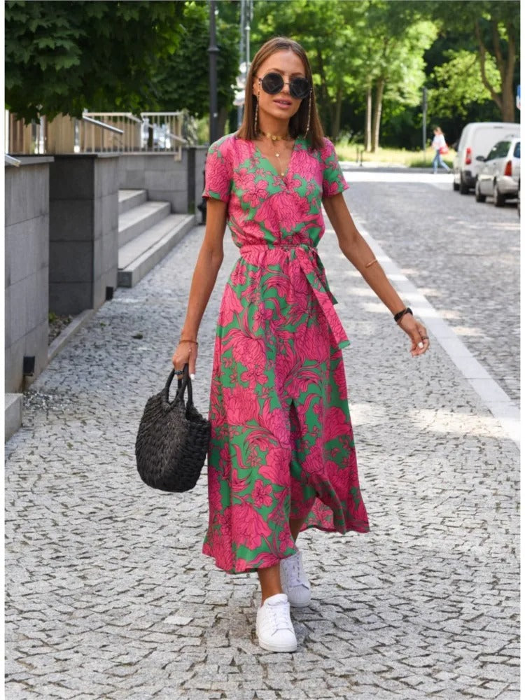 Jane - Sunset Stroll V-Neck Slit Print Dress